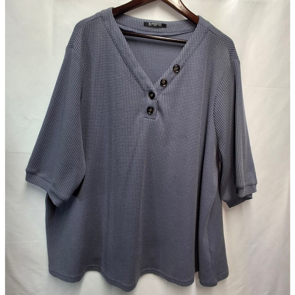 BLOOMCHIC Plus Size Waffle Knit Henley Button Top Elbow Sleeve Blue Gray 26